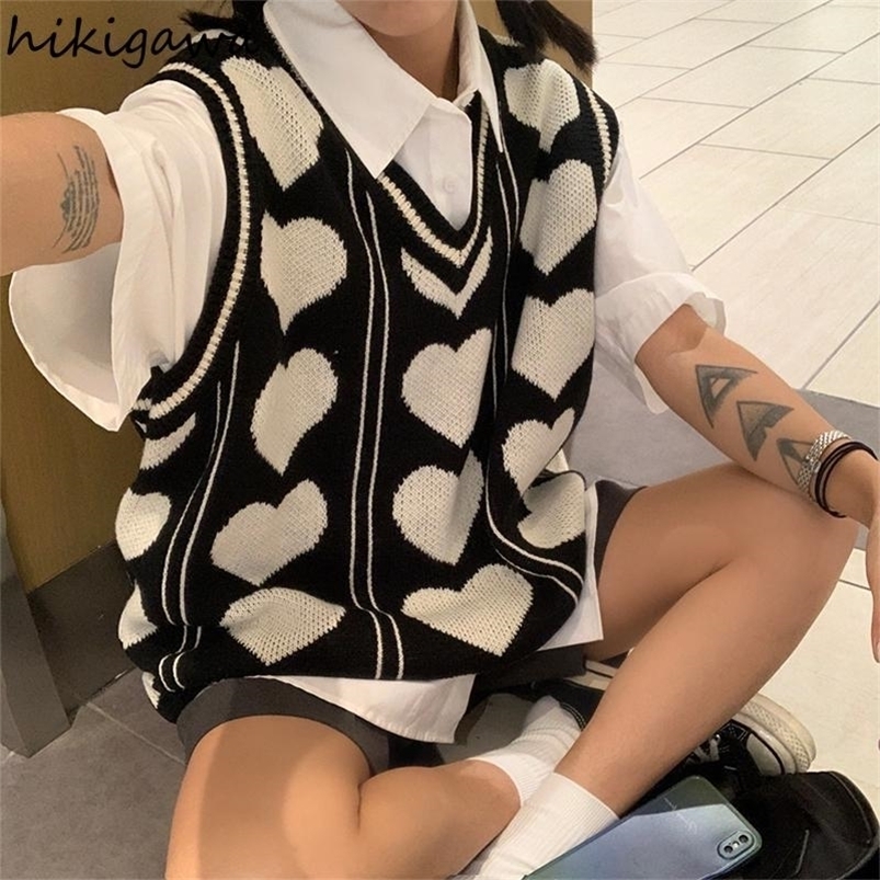

Women' Sweaters Hikigawa Korean Vintage Sweater Loose V-neck Knit Pullover Vest Y2k Oversized Tank Top Love Print Sweaters Fall Fashion Cardigan 221006, Black vest