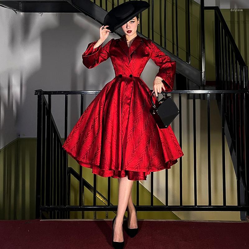 

Women's Trench Coats Le Palais Vintage 2022 Winter Original Red V-neck Flare Sleeves Collect Waist Elegant Fashion Slim Long Women