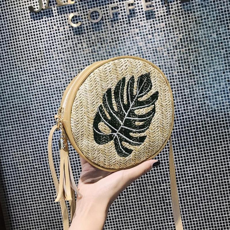 

Evening Bags Pineapple Embroidery Circular Bag Designer Women Rattan Simple Bohemia Crossbody Straw Shoulder Female Purse And Handbag, Khaki pineapple