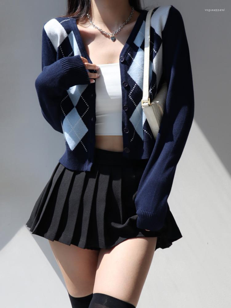 

Women' Knits WOMONGAGA Sweet Girly Style V-neck Diamond Plaid Long-sleeved Sweater Navy Blue Cardigan-style Short Women' Clothing 8KDN, Navy color matching