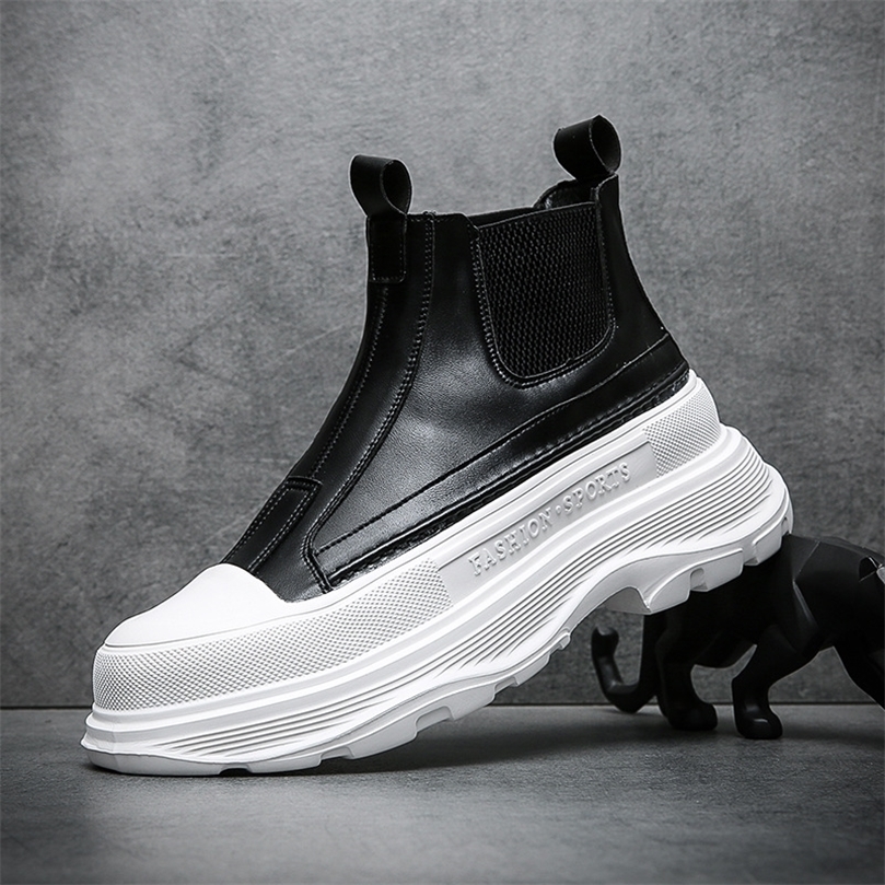 

Boots Mens Fashion Leather Autumn Thicksoled Lightweight High Hightop Trend Casual White Shoes Chelsea 220930, All black
