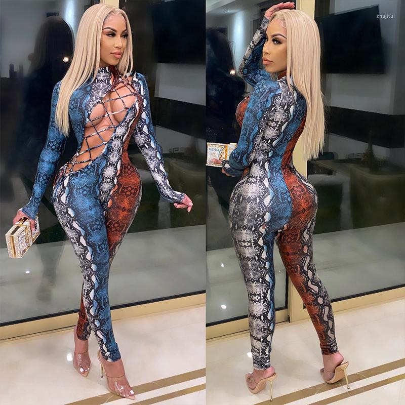 

Women' Jumpsuits Women' & Rompers TNNAOFF Fall Snake Print Bodycon Jumpsuit For Women Long Sleeve Cross Bandage Hollowout Romper Sexy, Blue orange