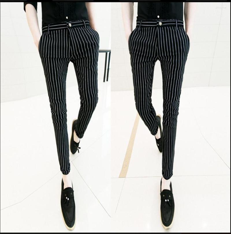 

Men's Pants Summer Korean Men Slim Nine Feet Pantyhose England Striped Pencil Casual Trousers Hairstylist Singer Costumes, Black