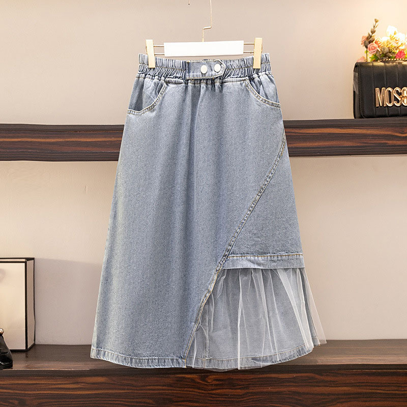 

Plus size Dresses 150Kg Plus Size Women's Summer Loose Mesh Stitching High Waist Irregular Aline Denim Skirt Blue Hip 145cm 5XL 6XL 7XL 8XL 9XL 221006