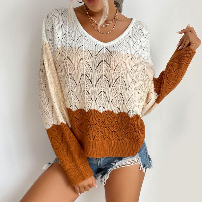 

Women' Sweaters Women Spring Autumn Clothes Striped Sweater Spliced Office Lady V-Neck Pullover Elegant Fashion, Khaki