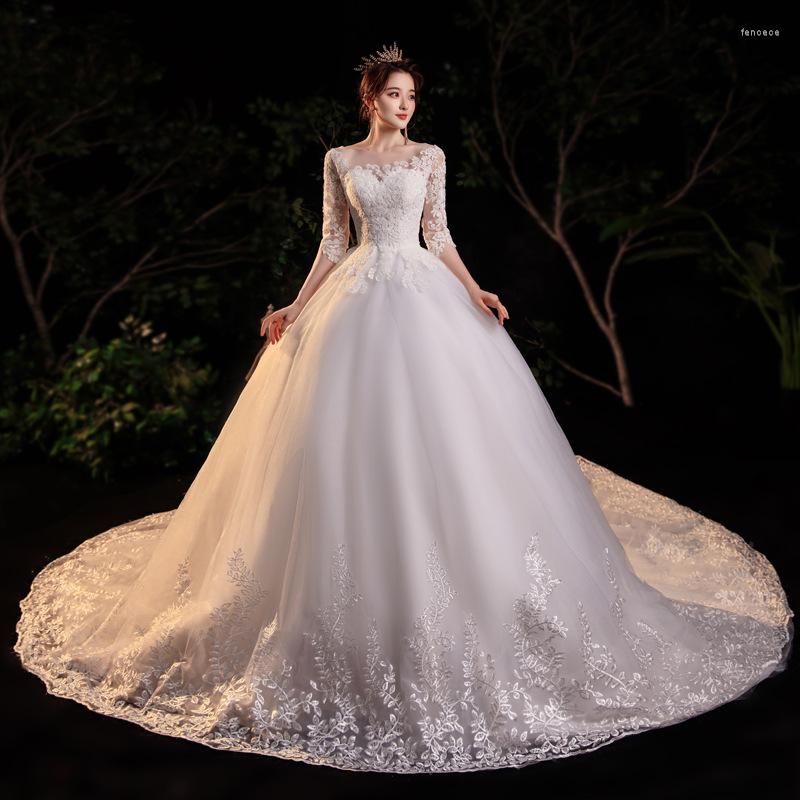 

Wedding Dress 2022 Gryffon Half Sleeve Boat Neck Princess Luxury Lace For Pregnant Bride Super Fairy Temperament Plus Size