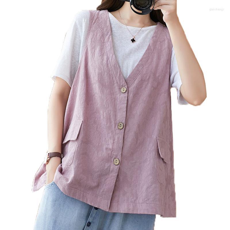 

Women's Vests Summer Women's Vest V-Neck Single-Breasted Sleeveless Jacket Elegant Thin Cotton Linen Waistcoat Coat Female Tops, White