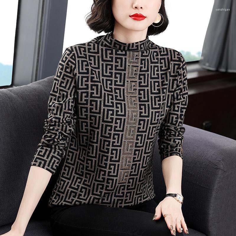 

Women's T Shirts Autumn And Winter Long-sleeved Tops Half Turtleneck Women's Casual Printed T-shirts, Picture