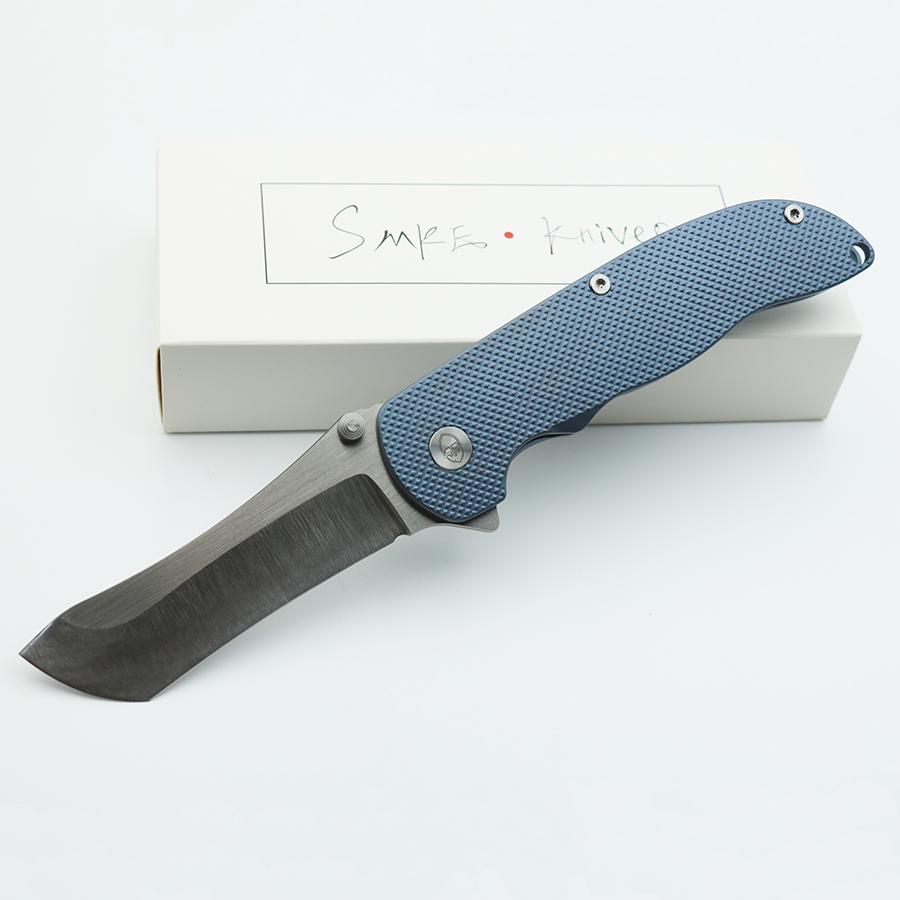

Smke Knives Custom Norseman Flipper Folding Knife Satin S90V Blade Blue Anodized Titanium Handle Tactical Survival Camping Pocket Knife