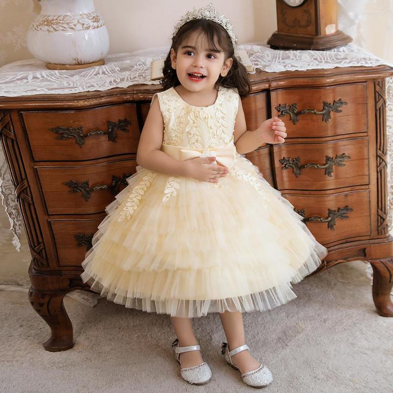 

Girl Dresses Elegant Champagne Kids For Tutu Fluffy Pearls Wedding Gown 2022 Children Birthday Party Gowns Toddler Baby Clothes, N2118-champagne