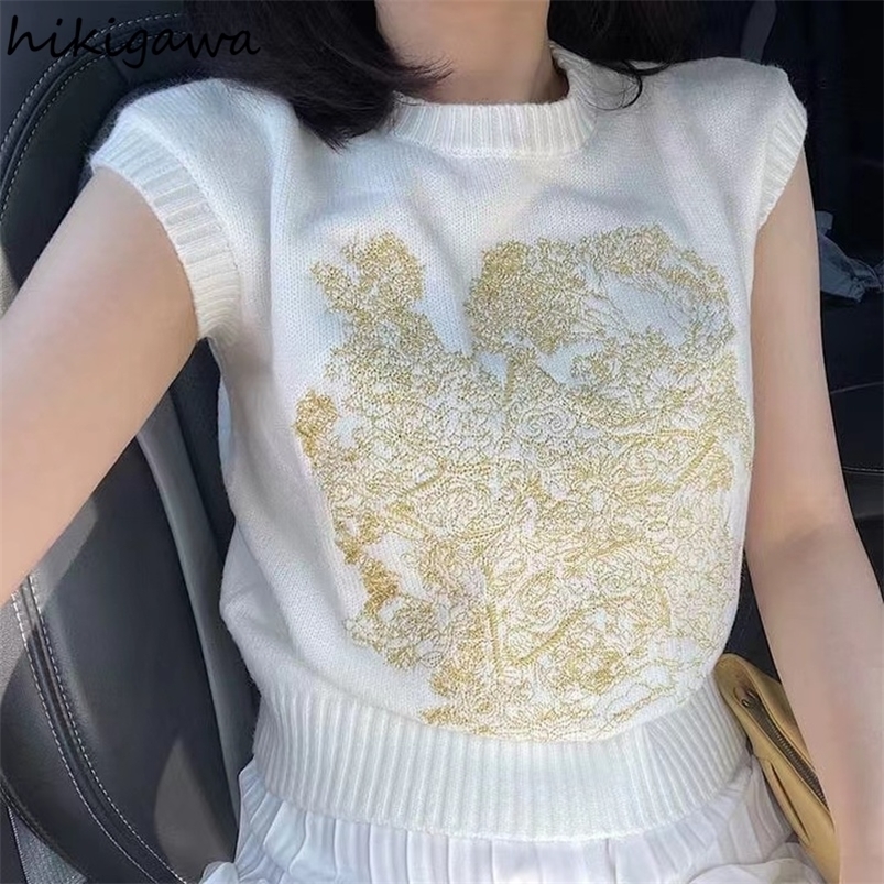 

Women's Sweaters Korean Cropped Sweater Y2K Vest Vintage Embroidery Waistcoat O-neck Tank Top Sleeveless Jumper Fashion Knitwear Ropa Mujer 221006, Photo color