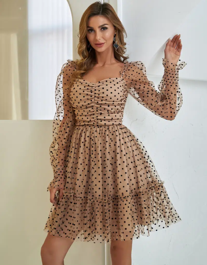 

Polka Dot Mesh Sweetheart Neck Ruffle Hem Dress / Contrast Mesh, Champagne