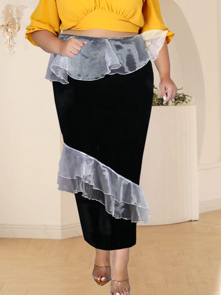 

Plus size Dresses Black Velvet Skirts Plus Size High Waist Package Hip Color Block Long Skirt for Womens Birthday Evening Cocktail Party Winter 221006