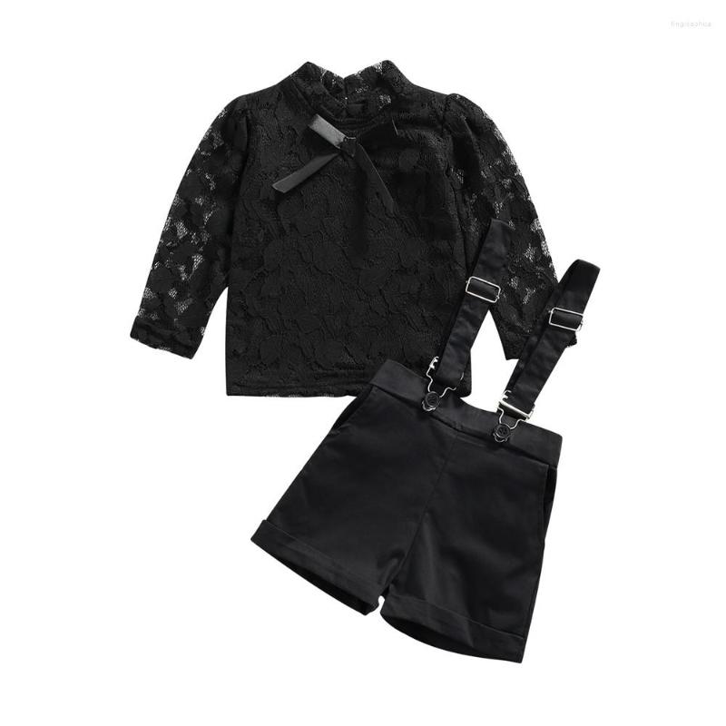 

Clothing Sets 6M-5T Infant Kid Baby Girls 2Pcs Set Clothes Long Sleeve Lace Floral Tops Shirt Overall Shorts Solid Black Spring Autumn, Picture shown