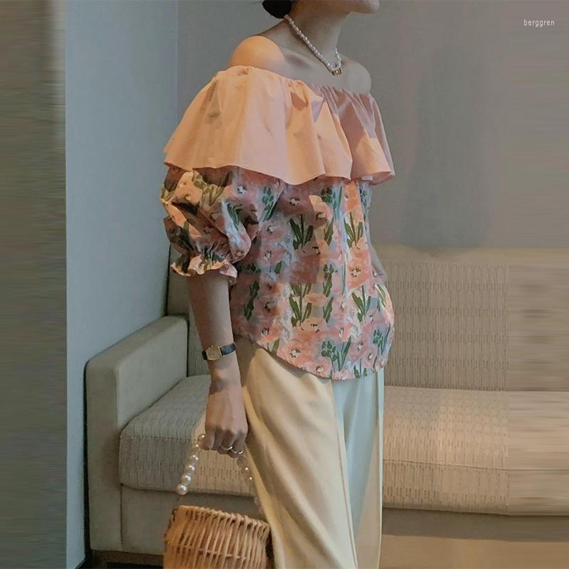 

Women's Blouses MIKADUKI Korean Flroal Summer Tops Slash Neck Half Sleeves Stretchy With Elastic Neckline Flowers Vocation 2022, Green