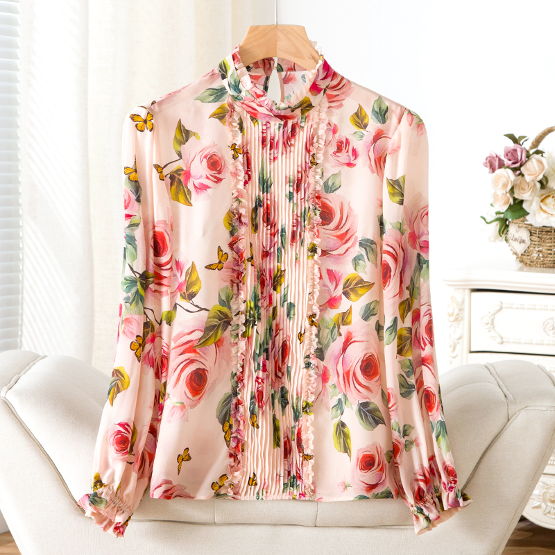 

2022 Autumn Round Neck Natural Silk Panelled Rose Blouse Shirt Pink Floral Print Long Sleeve Pullover Style Top Shirts D22TO05
