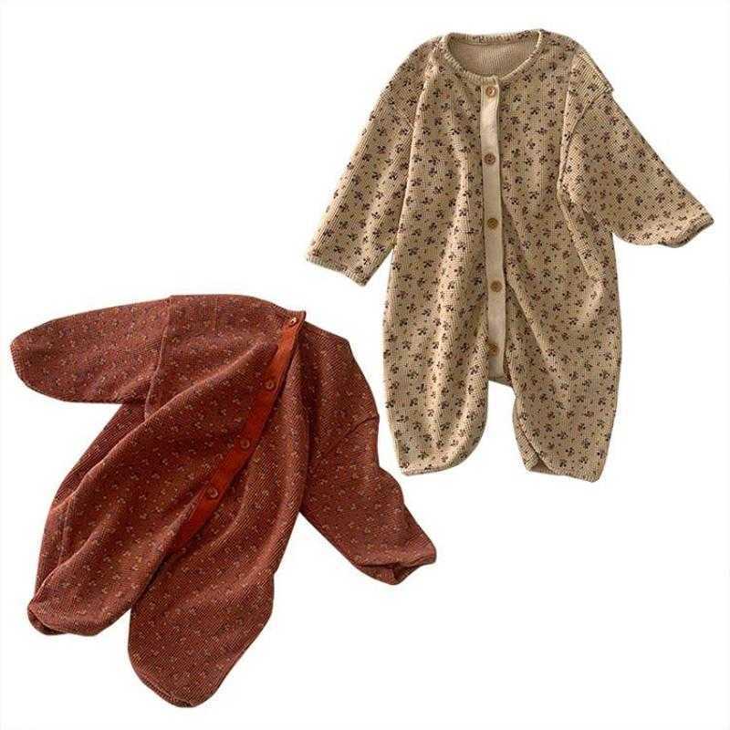 

Rompers Baby Comfortable Waffle Romper Kid Girl Retro Flowers Single Breasted Soft Loose Jumpsuit 02y Boy Fashion Cotton Outfits J220922, Brown.