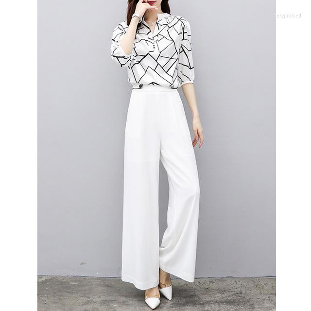 

Women' Tracksuits Women Chiffon Pant Suits Formal Elegant Office Ladies Work Pantsuits Blouse Top Wide Leg Pants 2 Piece Set Outfits Spring, White