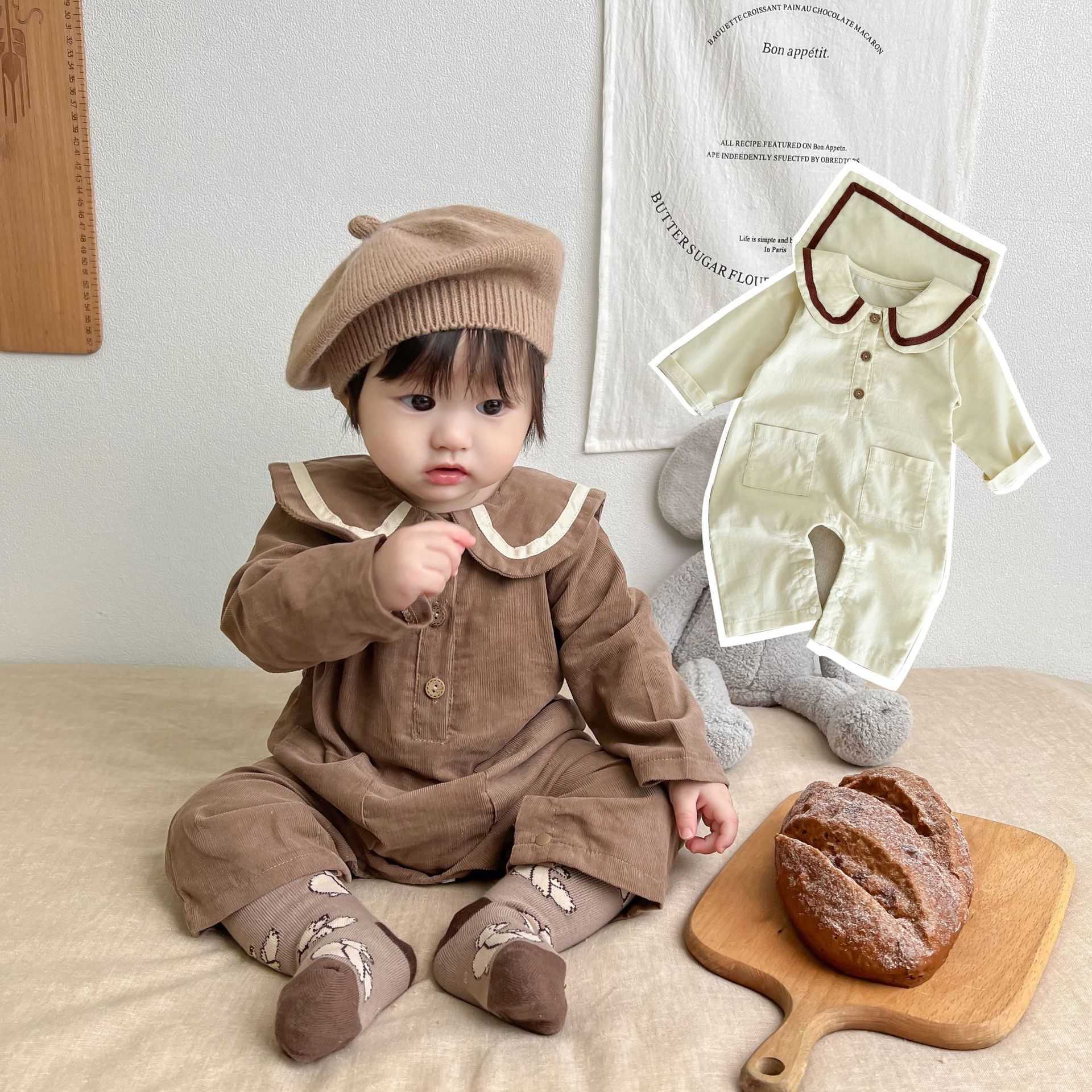 

Rompers Cute Newborn Baby Girl Solid Sweet Peter Pan Collar College Style Long Sleeves Jumpsuit Boy Loose Cotton Romper One Piece J220922, Apricot.