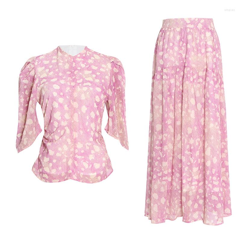 

Women' Two Piece Pants Original Brand Fashion Luxury Design Pink Print Casual Two-piece Set Puff Sleeve Short Top High Waist Skirt