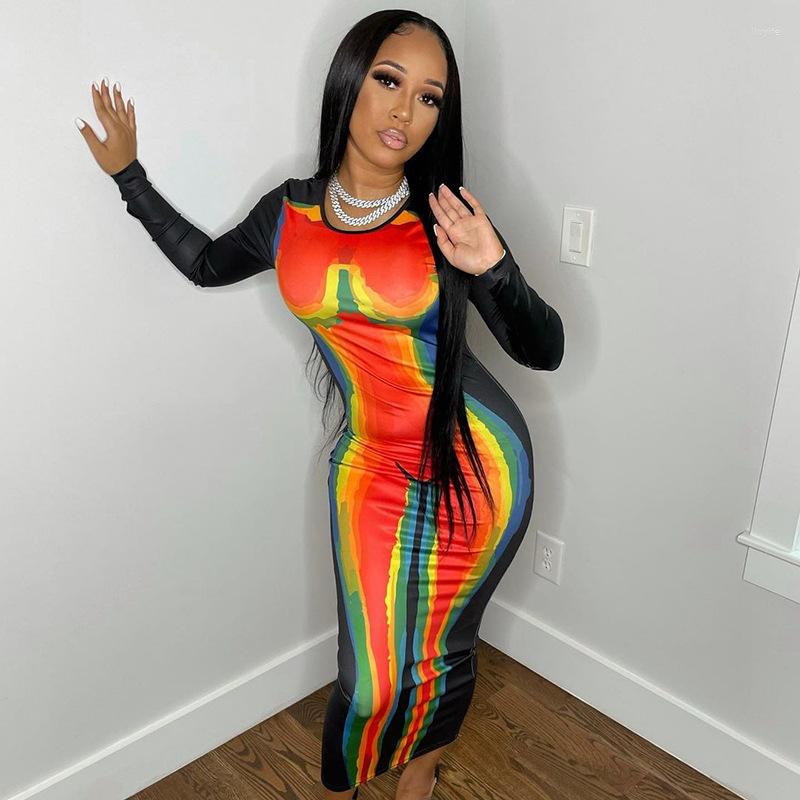 

Casual Dresses FUFUCAILLM Tie-dyed Printed Sexy Bodycon Dress 2022 Autumn Women' Long Sleeve Maxi Party Club Grunge Streetwear, Mixed color