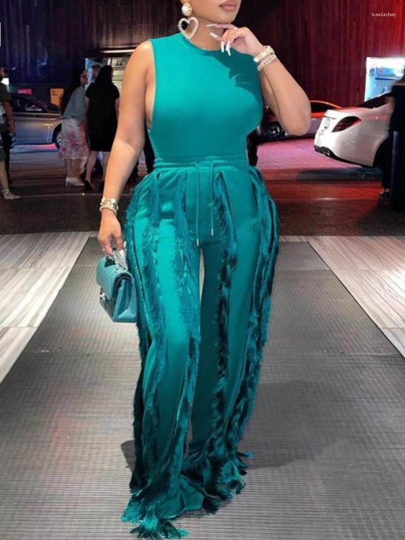 

Tracksuits LW Plus Size Pants Set Cami Fringe Wide Leg Street Tank O Neck Solid Sleeveless Tassel Design Sheath Vestidos Women Clothings, Green