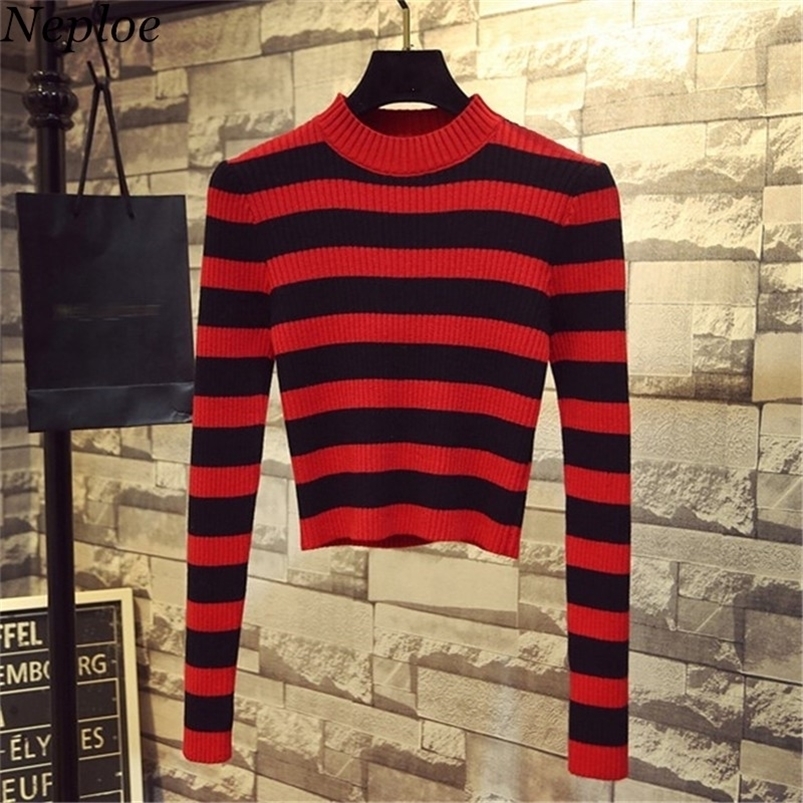 

Women's Sweaters Neploe Autumn Korean Women Sweater Half Turtleneck Slim Sueter Mujer Long Sleeve Striped Knitted Short Pullovers 68509 221006, Black white