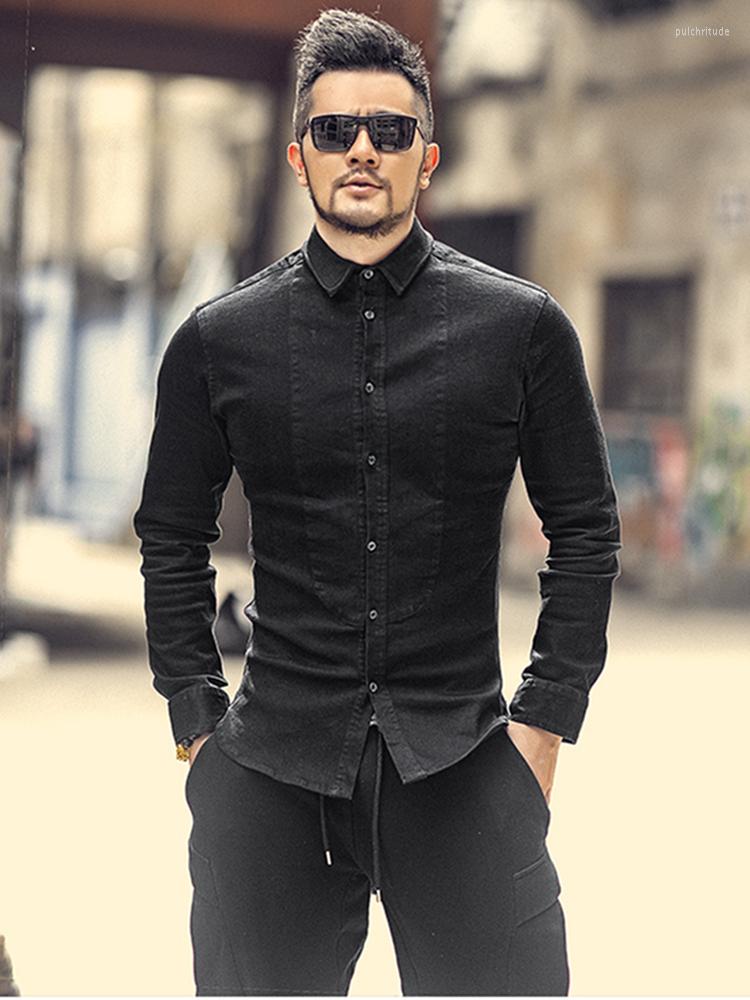 

Men' Casual Shirts Pack Post Thickened Stretch Men' Black Denim Shirt Aluminum Stand Collar Slim Jacket S5022