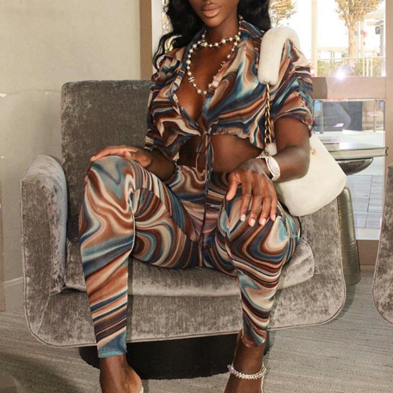 

Women' Two Piece Pants 2 Pcs/Set Elastic Waist Soft Short Top Deep V Neck Sleeves Set Summer Blouse Suit Women Clothes, Multicolor