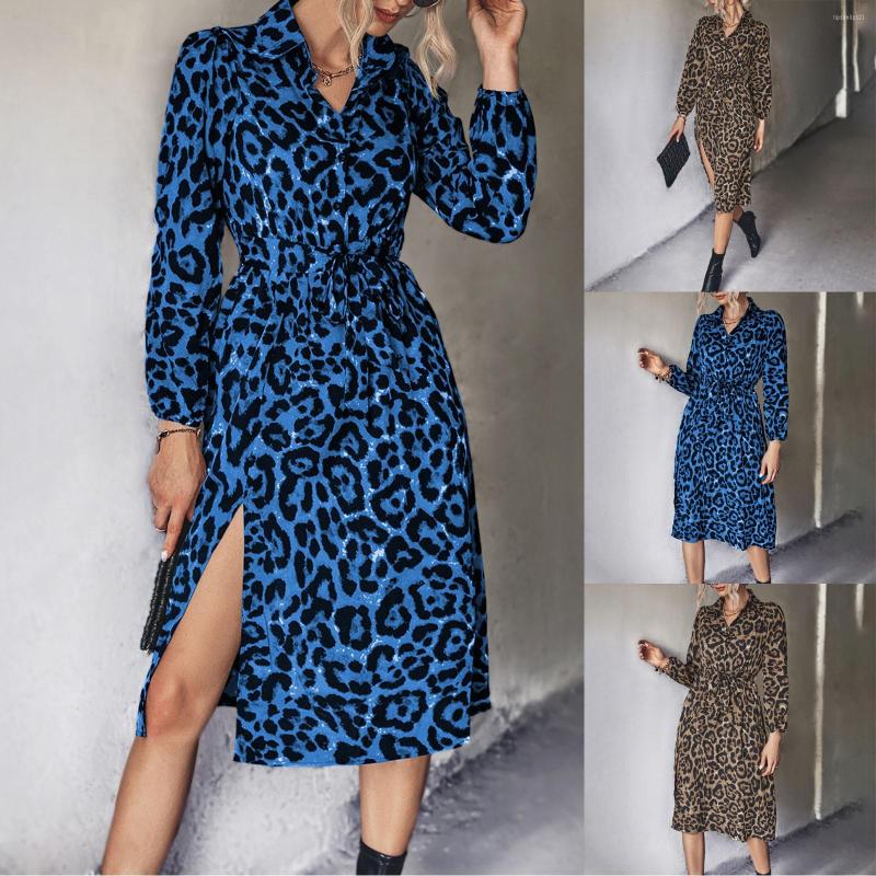 

Casual Dresses Ladies Autumn And Winter Fashion Solid Color Leopard Print Long Sleeve Dress Women Lady, Blue