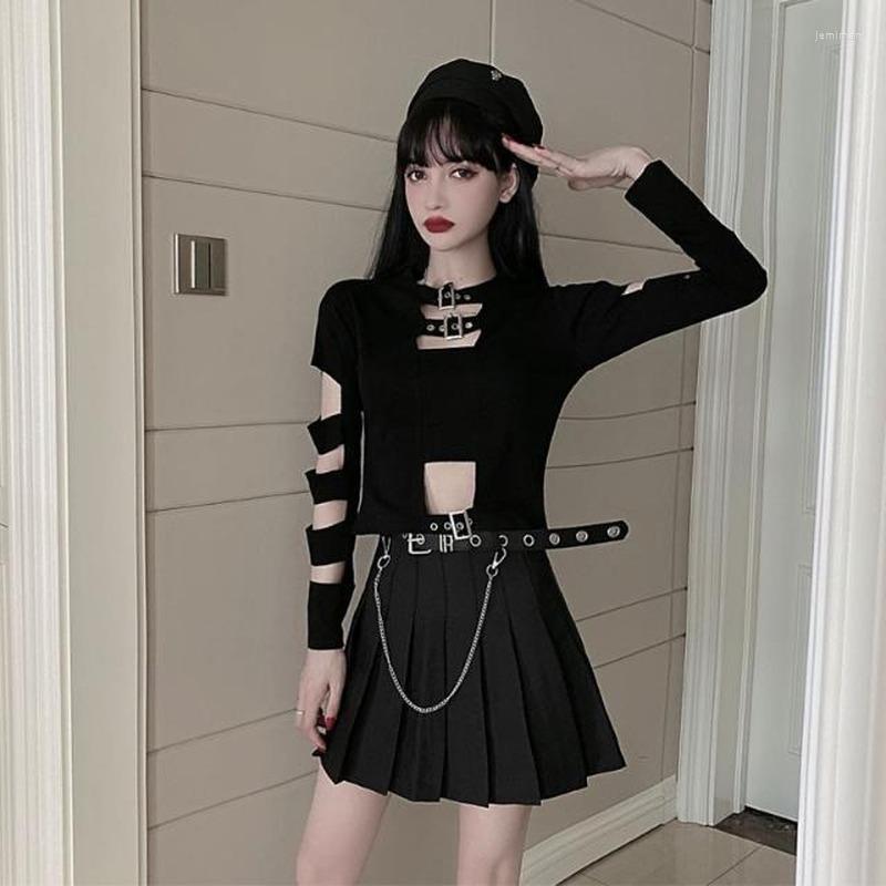 

Women' Tracksuits 2022 Spring Autumn Women Punk Dark Black Style Hollow Long-sleeve T-shirt High Waisted Pleated Skirt Two-piece Suit Y288, Three suit