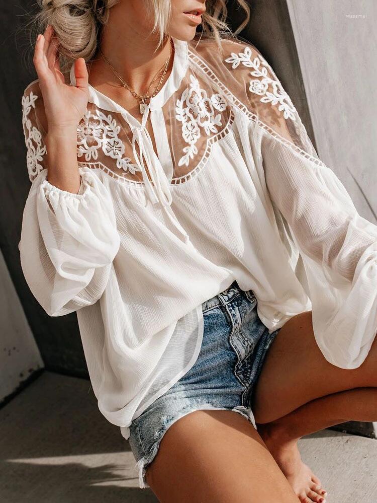

Women's Blouses Sexy Perspective V-neck Lace Shirt 1145, White