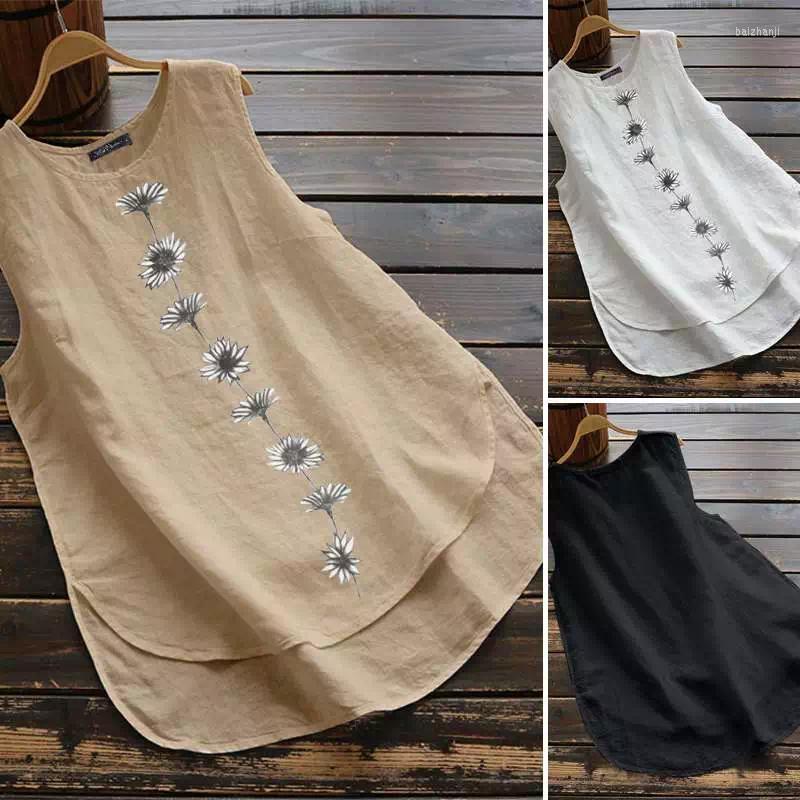 

Women' Blouses Vintage Tanks Tops Women Summer Sleeveless Blouse Floral Printed Shirt Casual Cotton Linen Blusas Female Loose Vests Robe, Khaki
