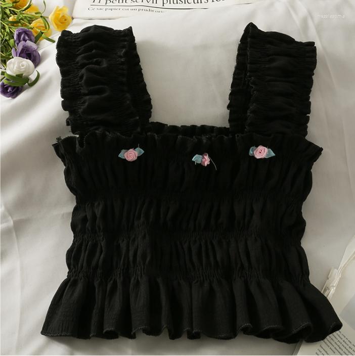 

Women's Tanks Korean Of Short Section Pleated Slim-fitting Wooden Ear Sling Sweet Three-dimensional Flower Top, Black