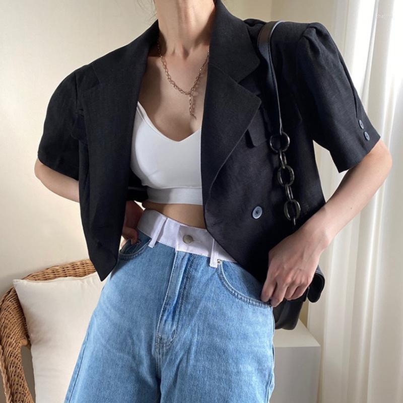 

Women's Jackets Women's Women Linen Cropped Short Jacket Pink Coat Soft Loose 3 Colors Tops Summer Turn-down Collar Top Female 2022, Beige