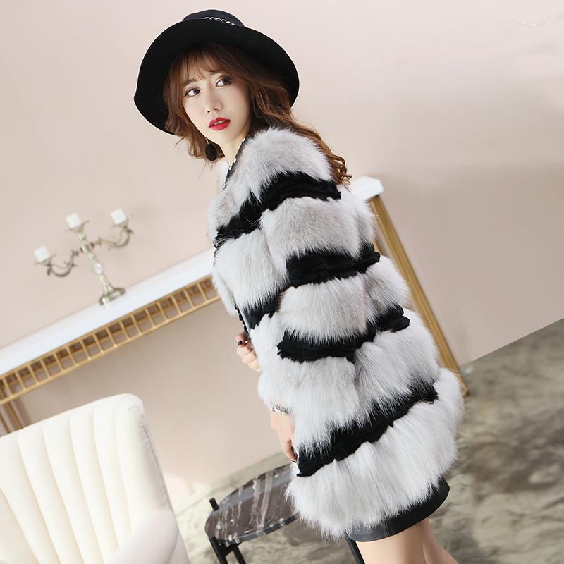 

Women' Fur Color Contrast Natural And Patchwork Jackets Women O Neck 9/10 Sleeve Real Coats 2022 Autumn Winter, Beige