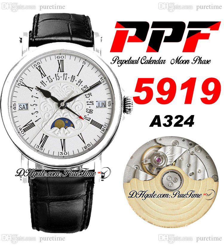 

PPF Perpetual Calendar 5919 A324 Automatic Mens Watch Moon Phase 38mm Steel Case 3D Flowers Totem Dial Roman Black Leather Strap Super Edition Puretime A1