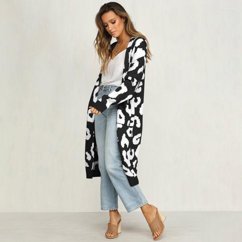 

Women's Knits Spring And Autumn Leopard Print Knitted Jacket Cardigan Women's Long Sweater & Tees, Black