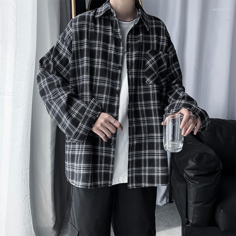 

Men's Casual Shirts For Mens 2022 Hippie Designer Clothes Blouses Korean Button Up Plaid Shirt Cardigan Manga Long, Black