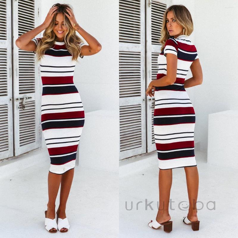 

Casual Dresses Women Summer Dress Sexy Sheath Striped Beach O-Neck Elegant Party Short Sleeve -XL Size, Red