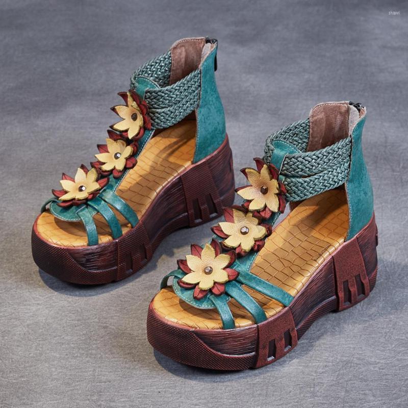 

Sandals Fashion Women Summer Genuine Leather Luxury Wedges Shoes Designer Platform Ladies Vintage High Heels Green Brown, Dark green