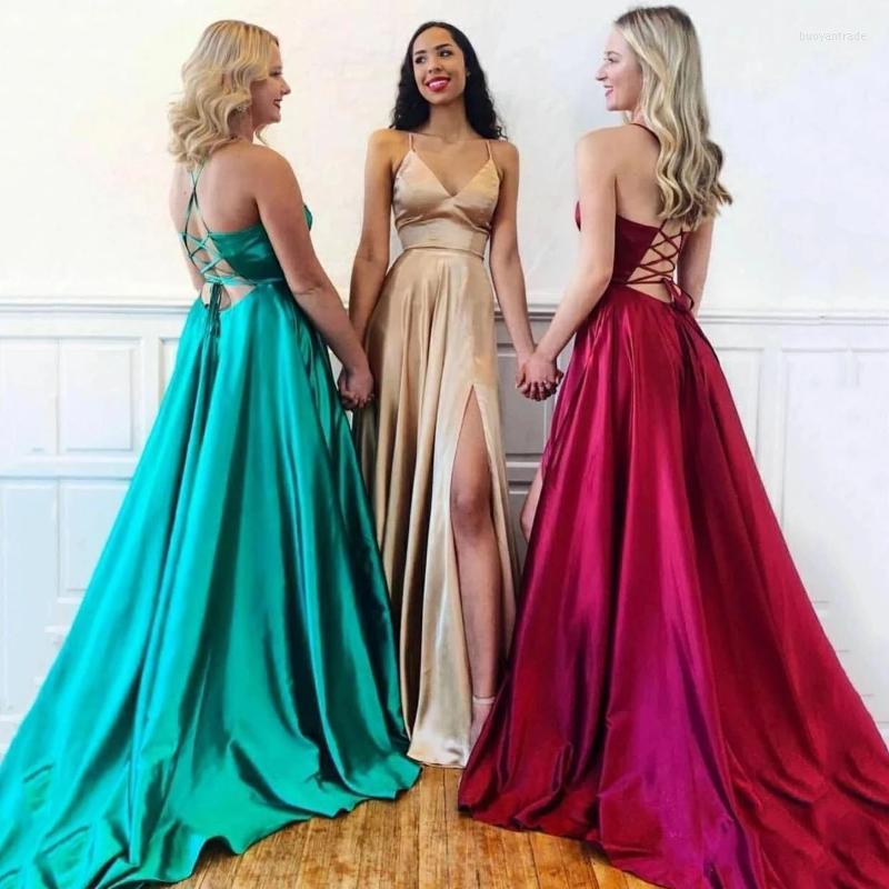 

Party Dresses Long Satin Champagne Side Slit Prom With Pockets Maxi V-Neck Sexy Back Formal Evening Dress GownsParty