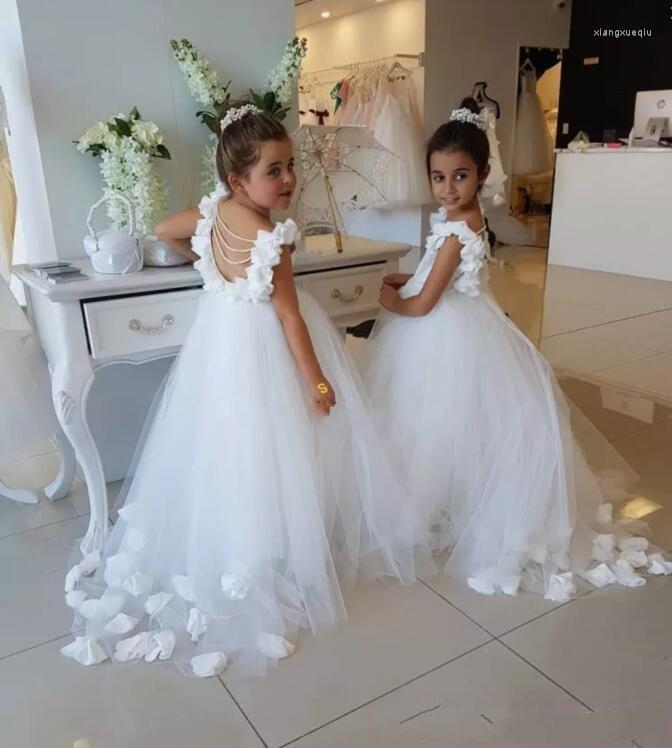 

Girl Dresses Lovely White Flower Girls For Weddings Scoop Lace Tulle Pearls Backless Princess Child Wedding Birthday Party Gowns, Auburn