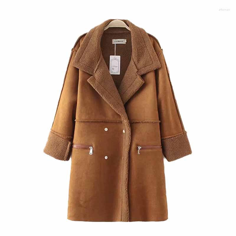 

Women's Fur 2022 High Quality Plus Size  Autumn Winter Lamb Fluff Coat Women Chamois Suede Outerwear Thicken Flocking Warm Jacket G520, Beige
