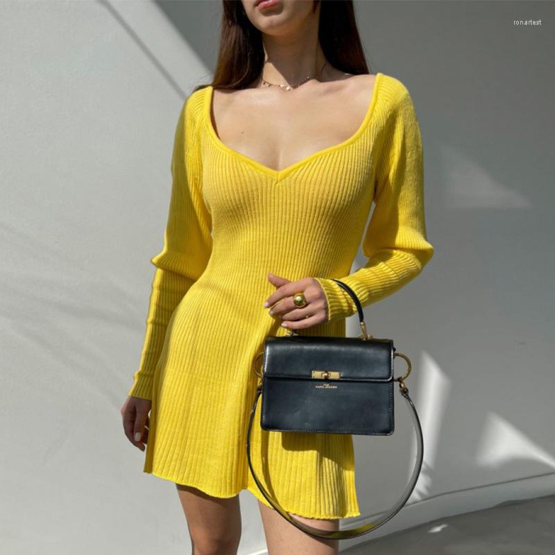 

Casual Dresses Autumn Knitted Dress Party Night Women Long Sleeve A Line Sexy Casuall V Neck Mini 2022 Fall Vestidos Drop, Black