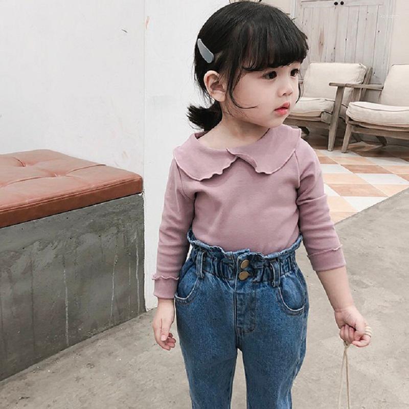 

Shirts Doll Collar Solid Tshirt For Gilrs Autumn Spring Clothes Daily Casual Bottom Shirt Tees Long Seelve Slim Korean Style Tops, White