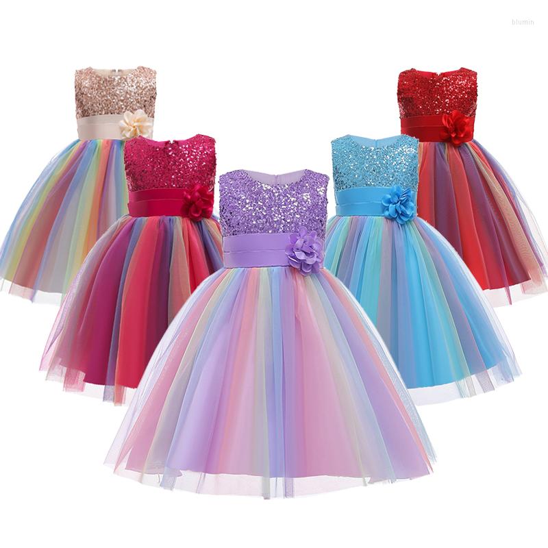 

Girl Dresses Girls Dress Sequins Rainbow Mesh Christmas Party Costume Birthday Gift Cute Little Princess Casual 2-10 Years Kids Clothes, As the picture