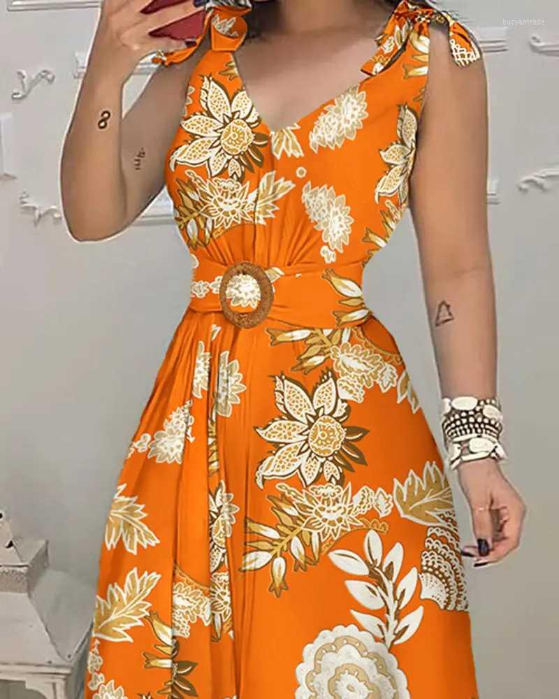 

Casual Dresses Summer Woman Chic V-Neck Floral Print Tied Detail Belted Design Sleeveless Maxi Vacation DressCasual