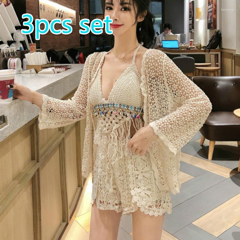 

Women's Tracksuits 3pcs One Set Summer Beach Seaside Women's Femme Holiday Women Sets Lady Sexy Camis Shorts Kimono, Beige set