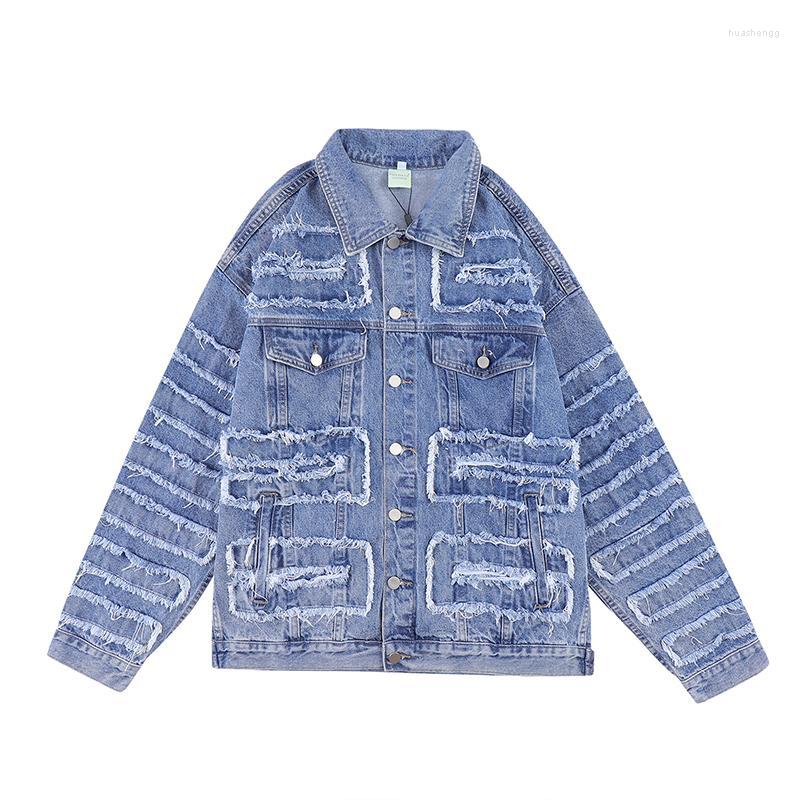 

Men's Jackets Men's High Street Heavy Industry Ripped Tassel Destroy Frayed Mens Jeans Lapel Retro Harajuku Hole Oversized Denim, Blue